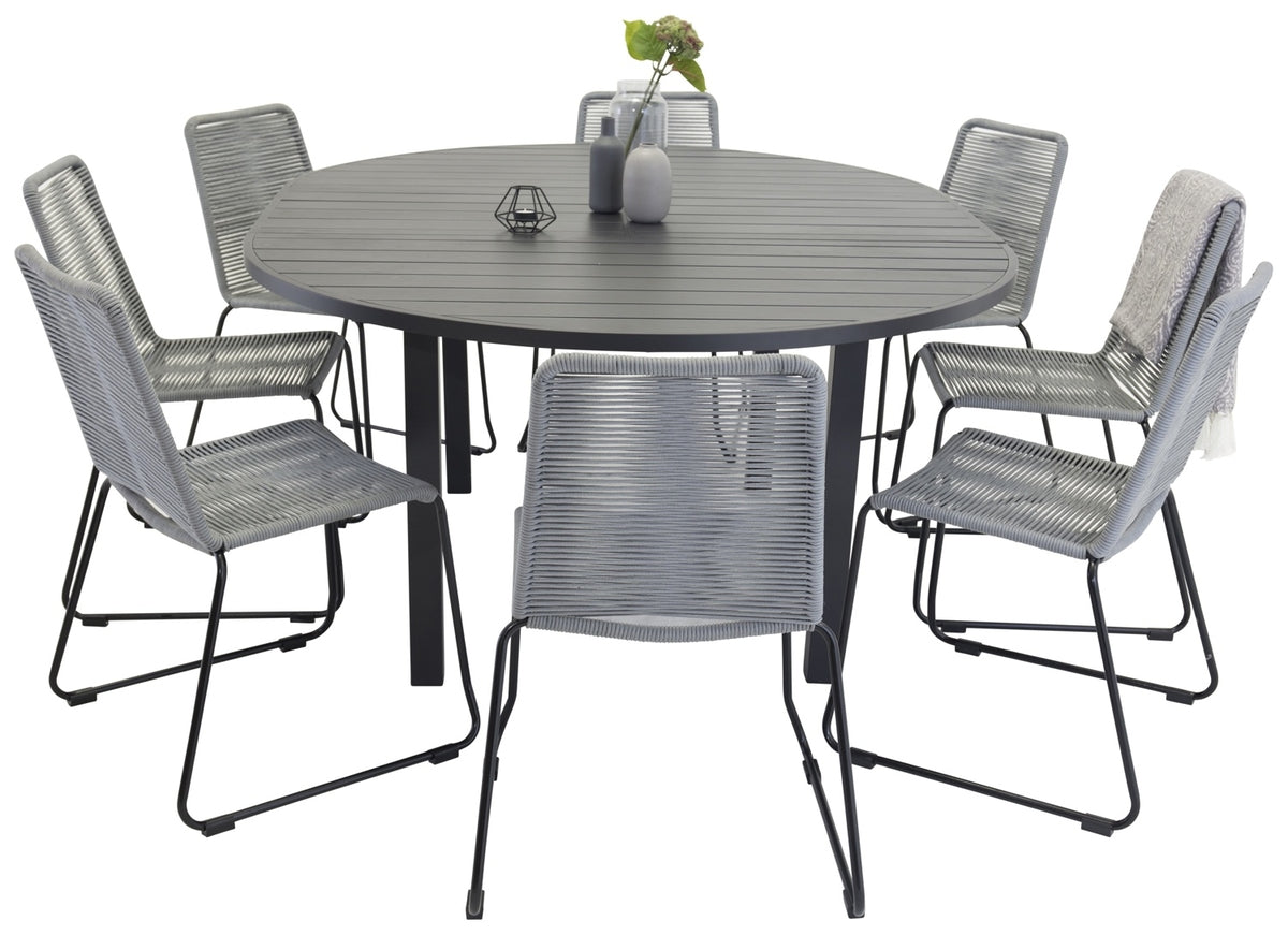 Marbella rundt spisebord ⌀140 sort & 6 stk Lindos spisebordsstole, grå
