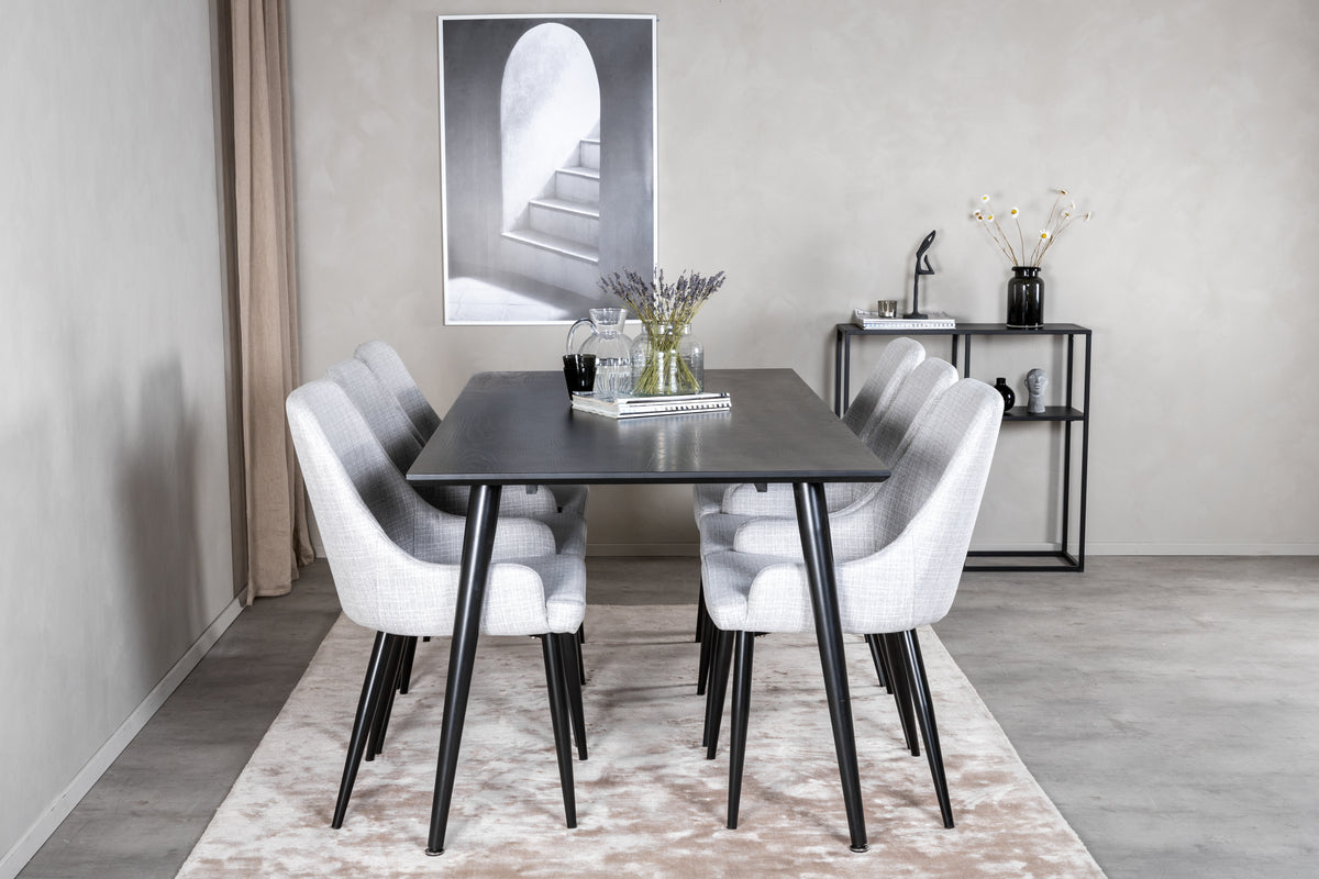 Dipp Spisebord 180 x 90 Sort & 6 Plaza Spisebordsstole Grå