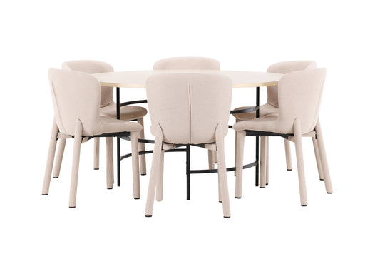 Copenhagen Rundt Spisebord ⌀140 Hvidvasket & 6 stk Astoria spisebordsstol Beige