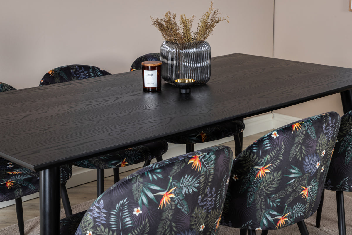 Dipp Spisebord 180 x 90 Sort & 6 stk Velvet Spisebordsstole Sort