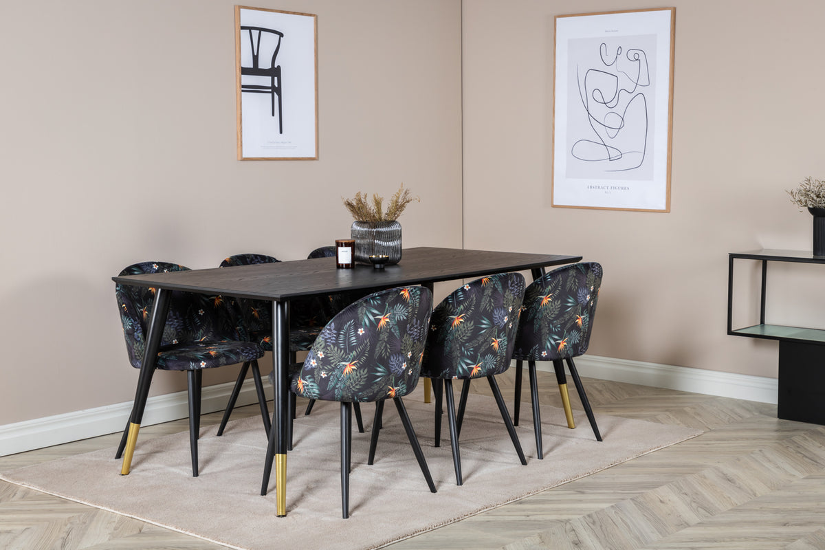 Dipp Spisebord 180 x 90 Sort & 6 stk Velvet Spisebordsstole Sort