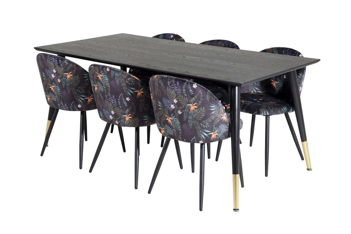Dipp Spisebord 180 x 90 Sort & 6 stk Velvet Spisebordsstole Sort