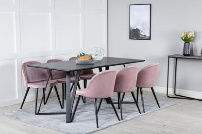 Marina Spisebord 180 x 90 Sort & 6 stk Velvet Spisebordsstole Dusty Pink