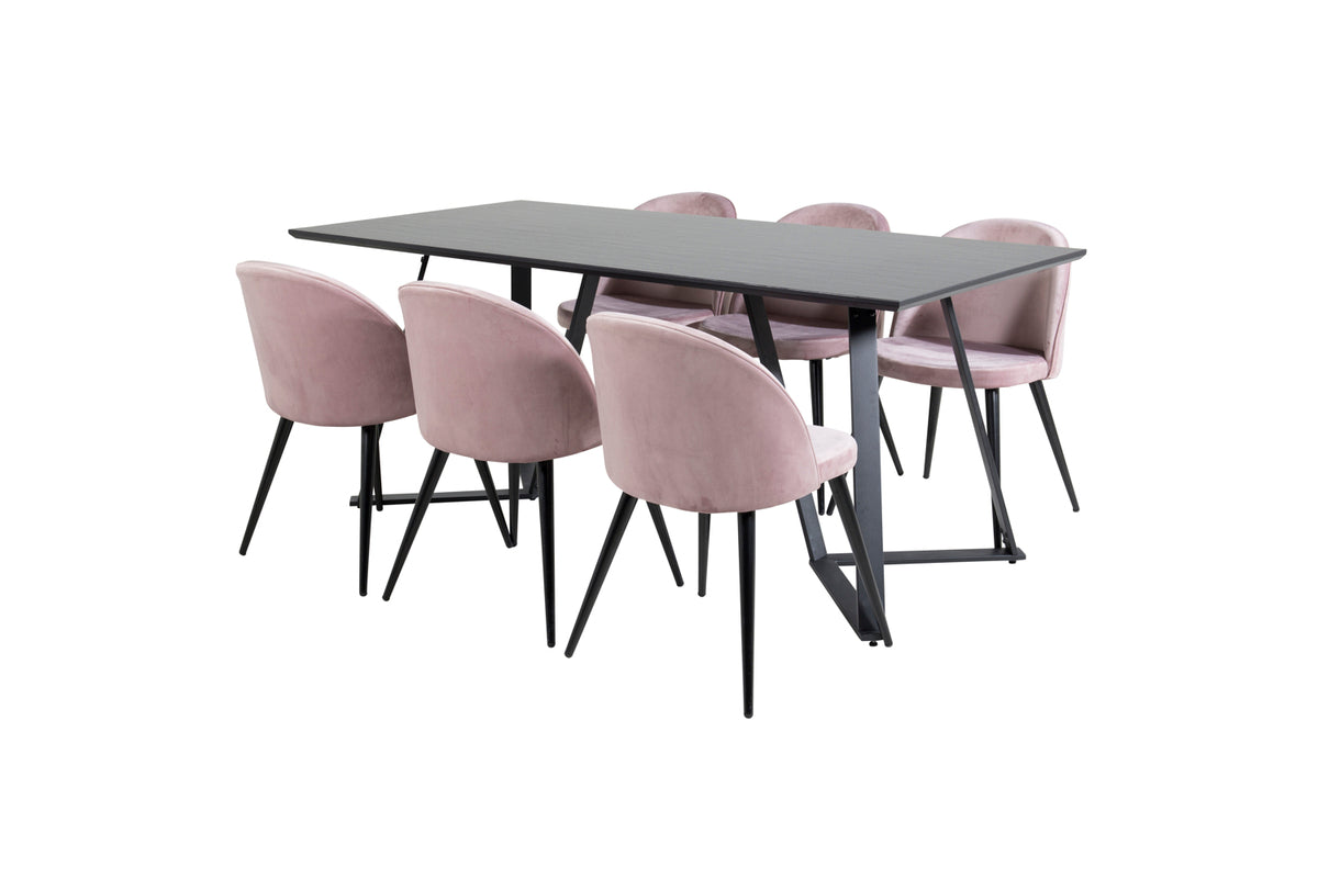 Marina Spisebord 180 x 90 Sort & 6 stk Velvet Spisebordsstole Dusty Pink