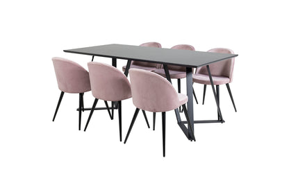 Marina Spisebord 180 x 90 Sort & 6 stk Velvet Spisebordsstole Dusty Pink