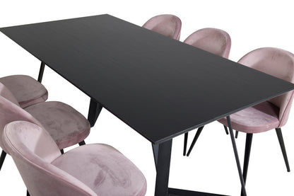 Marina Spisebord 180 x 90 Sort & 6 stk Velvet Spisebordsstole Dusty Pink