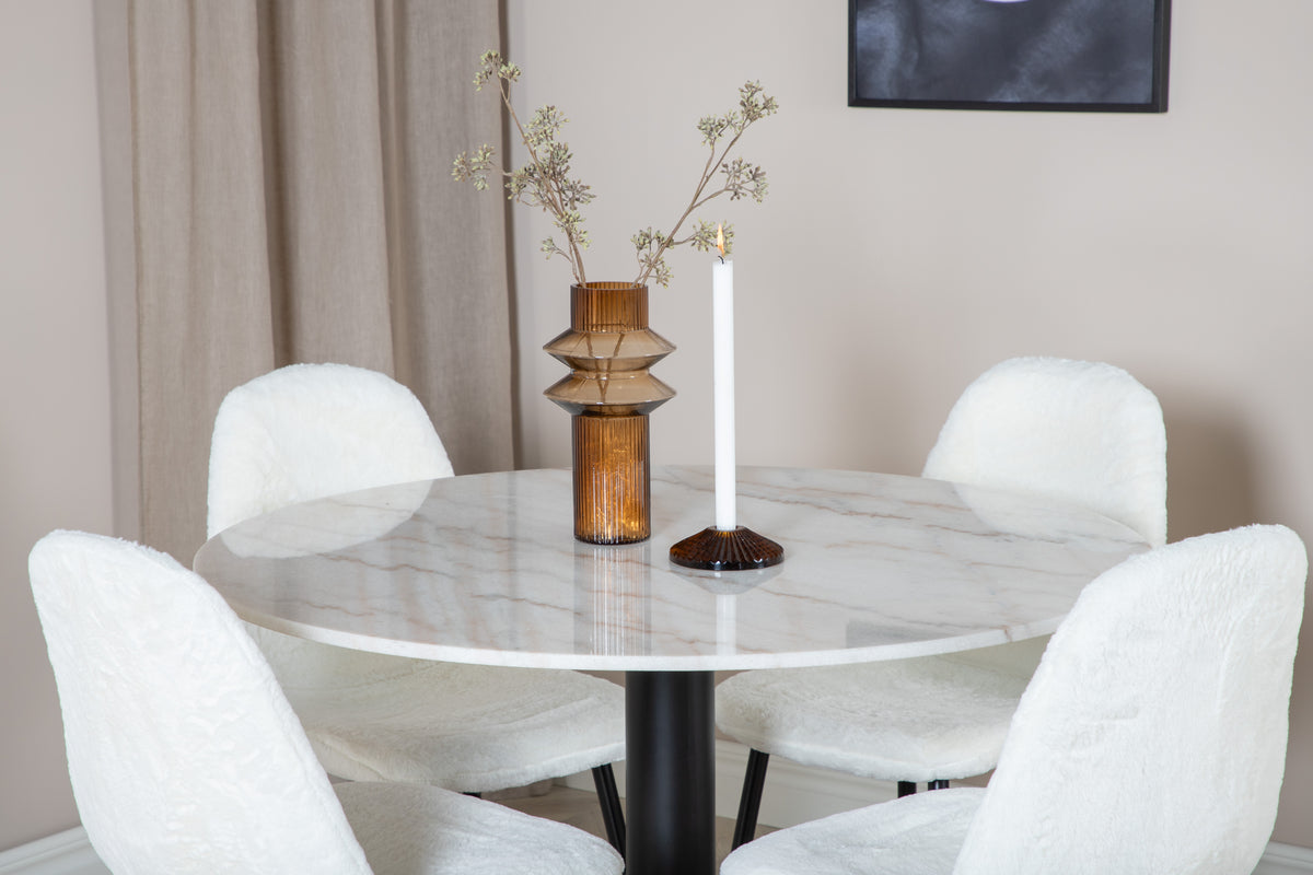 Estelle Rundt Spisebord Marmor ⌀106 & 4 stk Polar Spisebordsstole Hvid