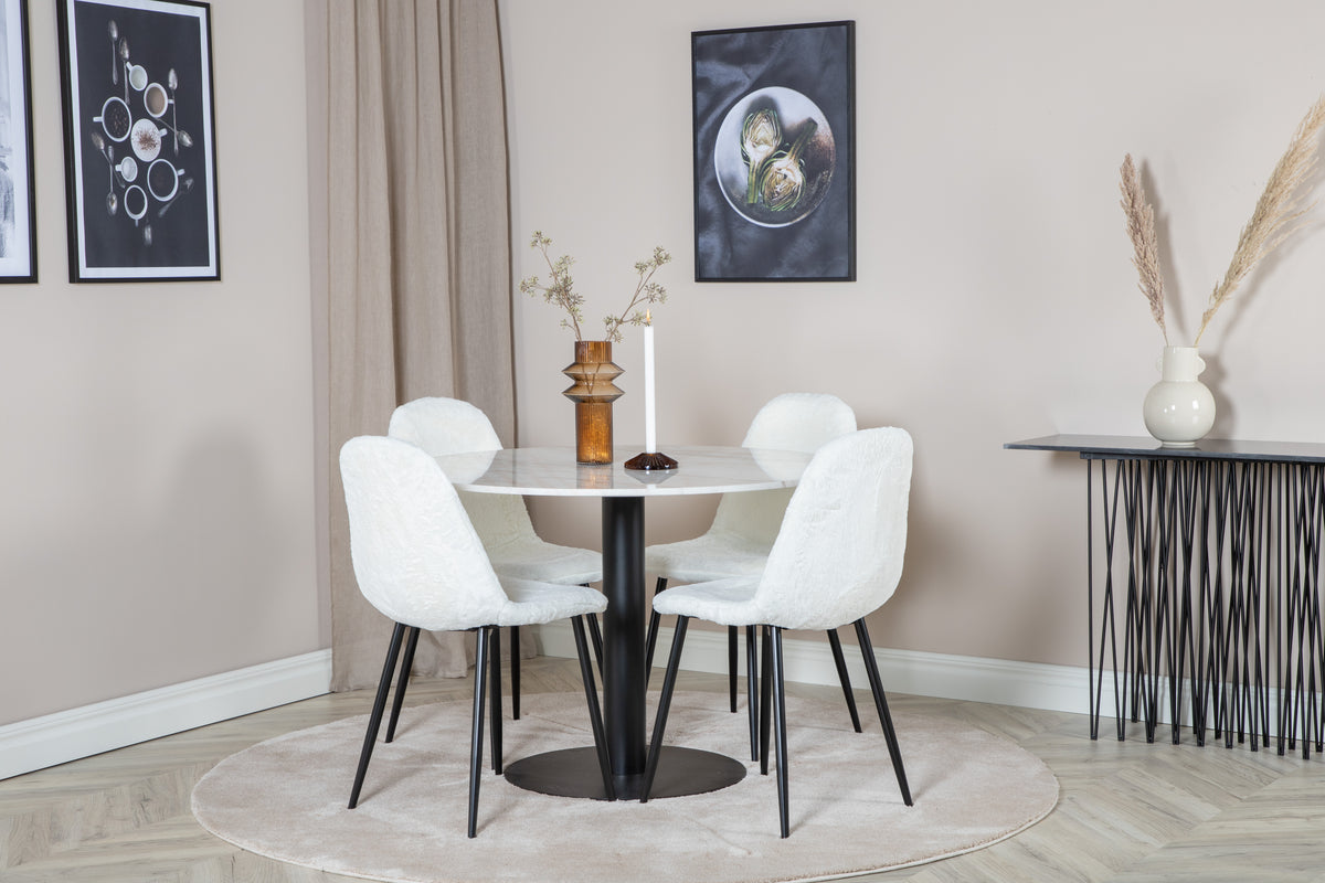 Estelle Rundt Spisebord Marmor ⌀106 & 4 stk Polar Spisebordsstole Hvid