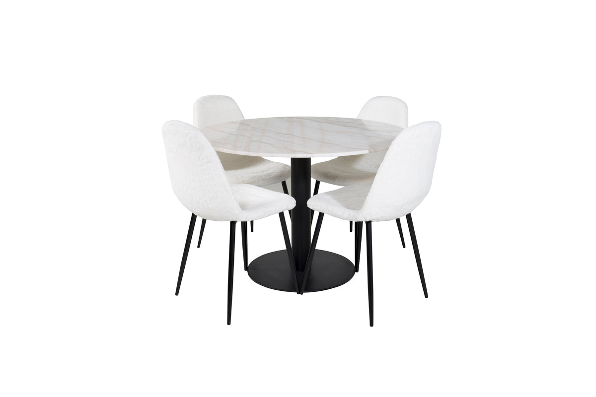 Estelle Rundt Spisebord Marmor ⌀106 & 4 stk Polar Spisebordsstole Hvid
