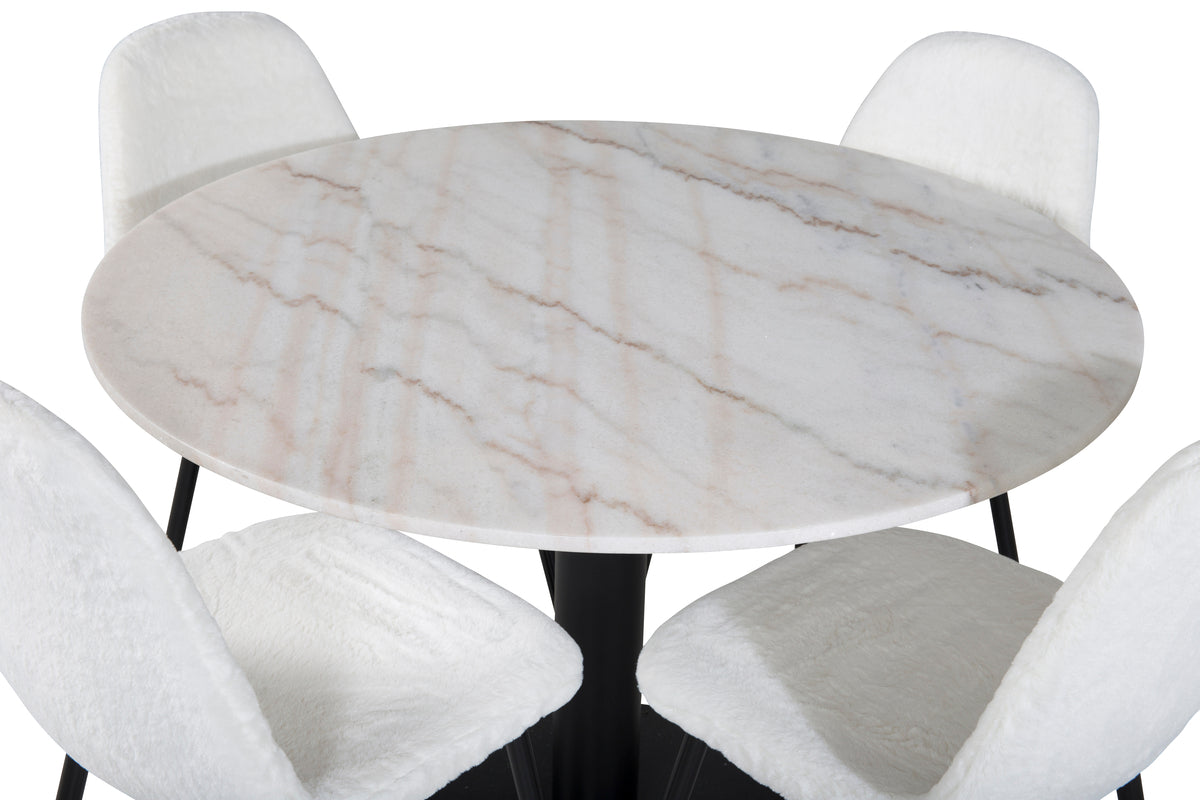 Estelle Rundt Spisebord Marmor ⌀106 & 4 stk Polar Spisebordsstole Hvid