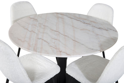 Estelle Rundt Spisebord Marmor ⌀106 & 4 stk Polar Spisebordsstole Hvid