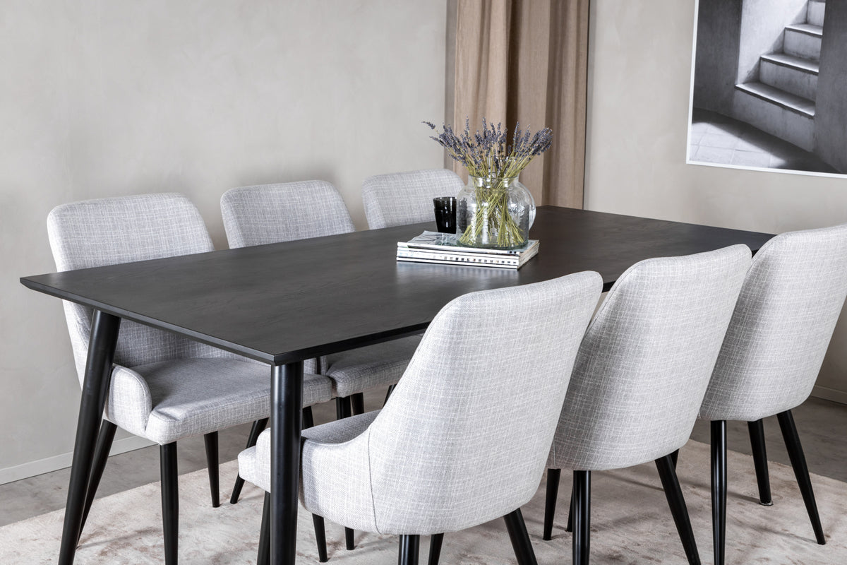 Dipp Spisebord 180 x 90 Sort & 6 Plaza Spisebordsstole Grå