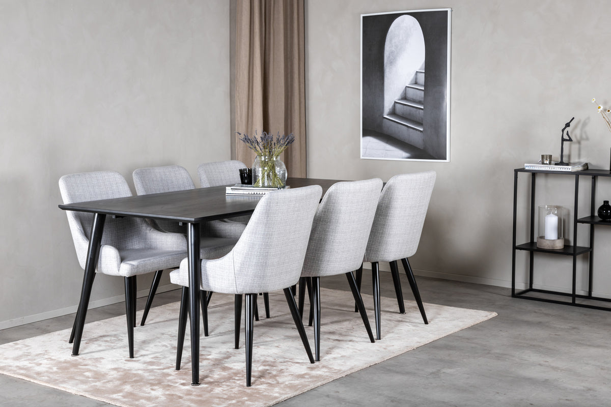 Dipp Spisebord 180 x 90 Sort & 6 Plaza Spisebordsstole Grå