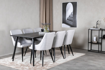 Dipp Spisebord 180 x 90 Sort & 6 Plaza Spisebordsstole Grå