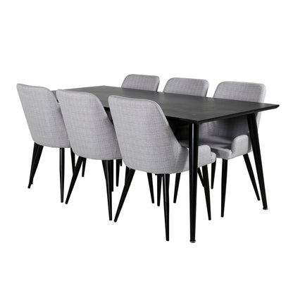 Dipp Spisebord 180 x 90 Sort & 6 Plaza Spisebordsstole Grå