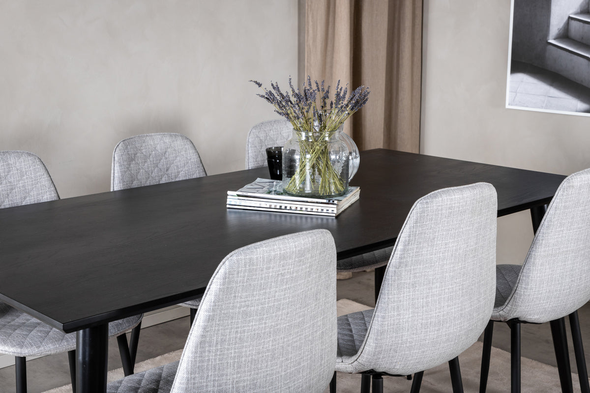 Dipp Spisebord 180 x 90 Sort & 6 stk Polar Spisebordsstole Grå