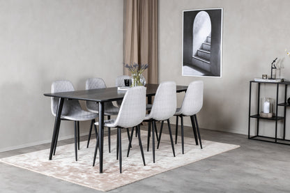 Dipp Spisebord 180 x 90 Sort & 6 stk Polar Spisebordsstole Grå