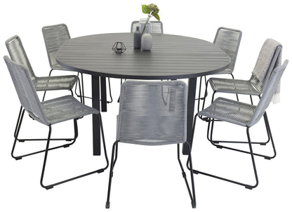 Marbella rundt spisebord ⌀140 sort & 6 stk Lindos spisebordsstole, grå