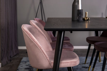 Dipp Spisebord 180 x 90 Sort & 6 stk Velvet Spisebordsstole Dusty Pink