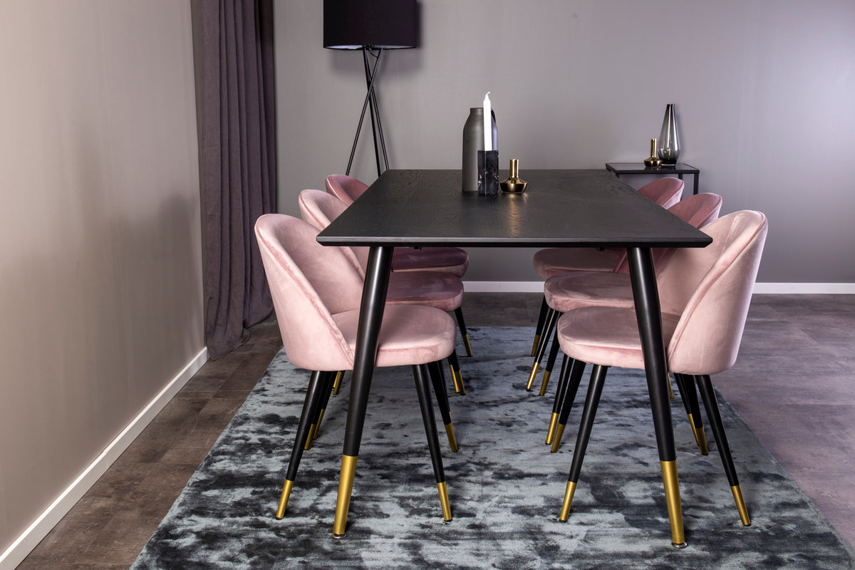 Dipp Spisebord 180 x 90 Sort & 6 stk Velvet Spisebordsstole Dusty Pink