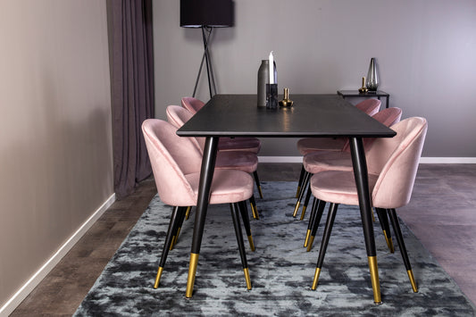 Dipp Spisebord 180 x 90 Sort & 6 stk Velvet Spisebordsstole Dusty Pink