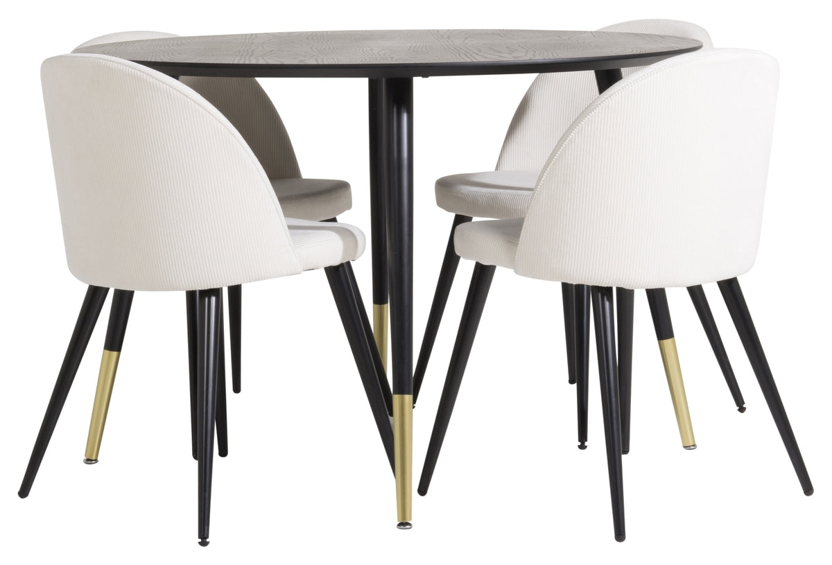 Dipp Rundt Spisebord ⌀115 Sort & 4 Stk Velvet Spisebordsstole Cremefarvet