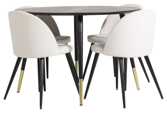 Dipp Rundt Spisebord ⌀115 Sort & 4 Stk Velvet Spisebordsstole Cremefarvet