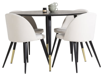 Dipp Rundt Spisebord ⌀115 Sort & 4 Stk Velvet Spisebordsstole Cremefarvet