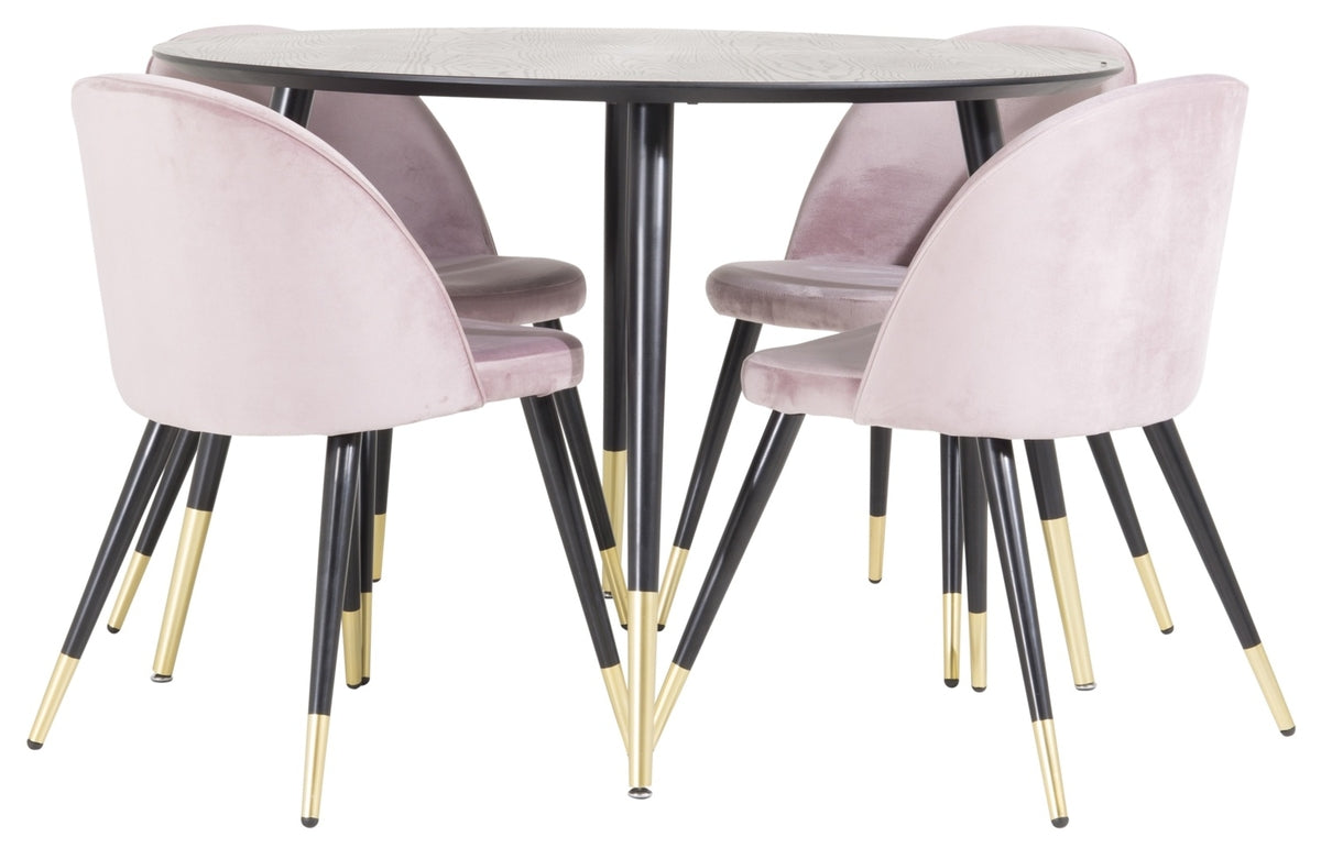Dipp Rundt spisebord ⌀115 Sort & 4 stk Velvet spisebordsstole Dusty Pink