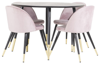 Dipp Rundt spisebord ⌀115 Sort & 4 stk Velvet spisebordsstole Dusty Pink