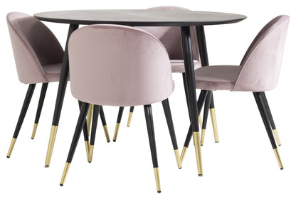 Dipp Rundt spisebord ⌀115 Sort & 4 stk Velvet spisebordsstole Dusty Pink