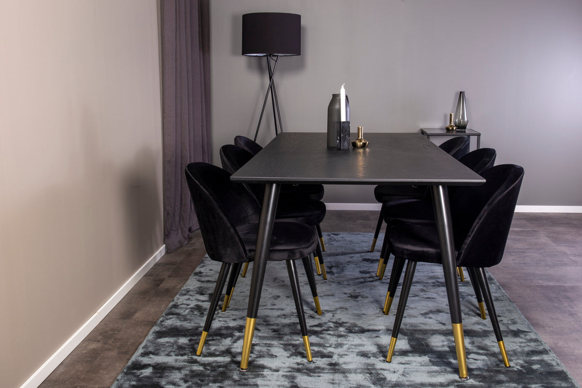Dipp Spisebord 180 x 90 Sort & 6 stk Velvet spisebordsstole Sort