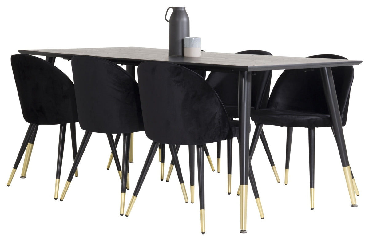 Dipp Spisebord 180 x 90 Sort & 6 stk Velvet spisebordsstole Sort