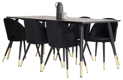 Dipp Spisebord 180 x 90 Sort & 6 stk Velvet spisebordsstole Sort