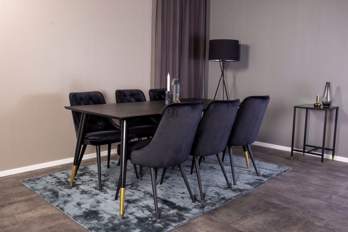 Dipp Spisebord 180 x 90 sort & 6 stk Velvet Deluxe spisebordsstole, sort