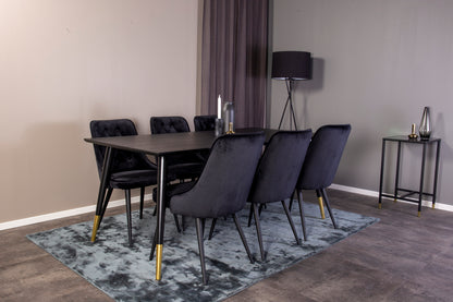 Dipp Spisebord 180 x 90 sort & 6 stk Velvet Deluxe spisebordsstole, sort