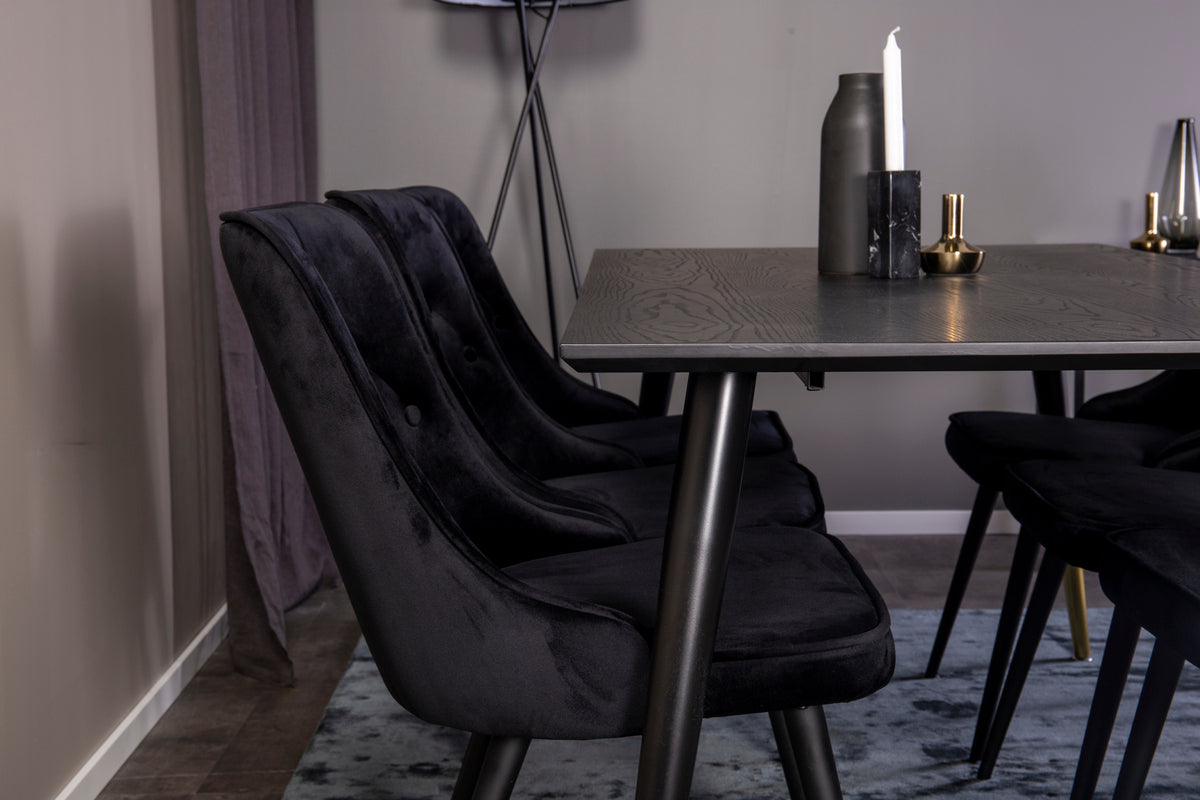 Dipp Spisebord 180 x 90 sort & 6 stk Velvet Deluxe spisebordsstole, sort