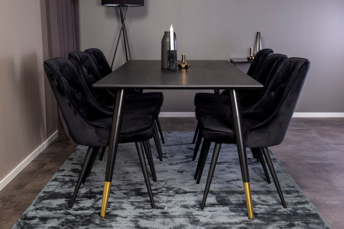 Dipp Spisebord 180 x 90 sort & 6 stk Velvet Deluxe spisebordsstole, sort