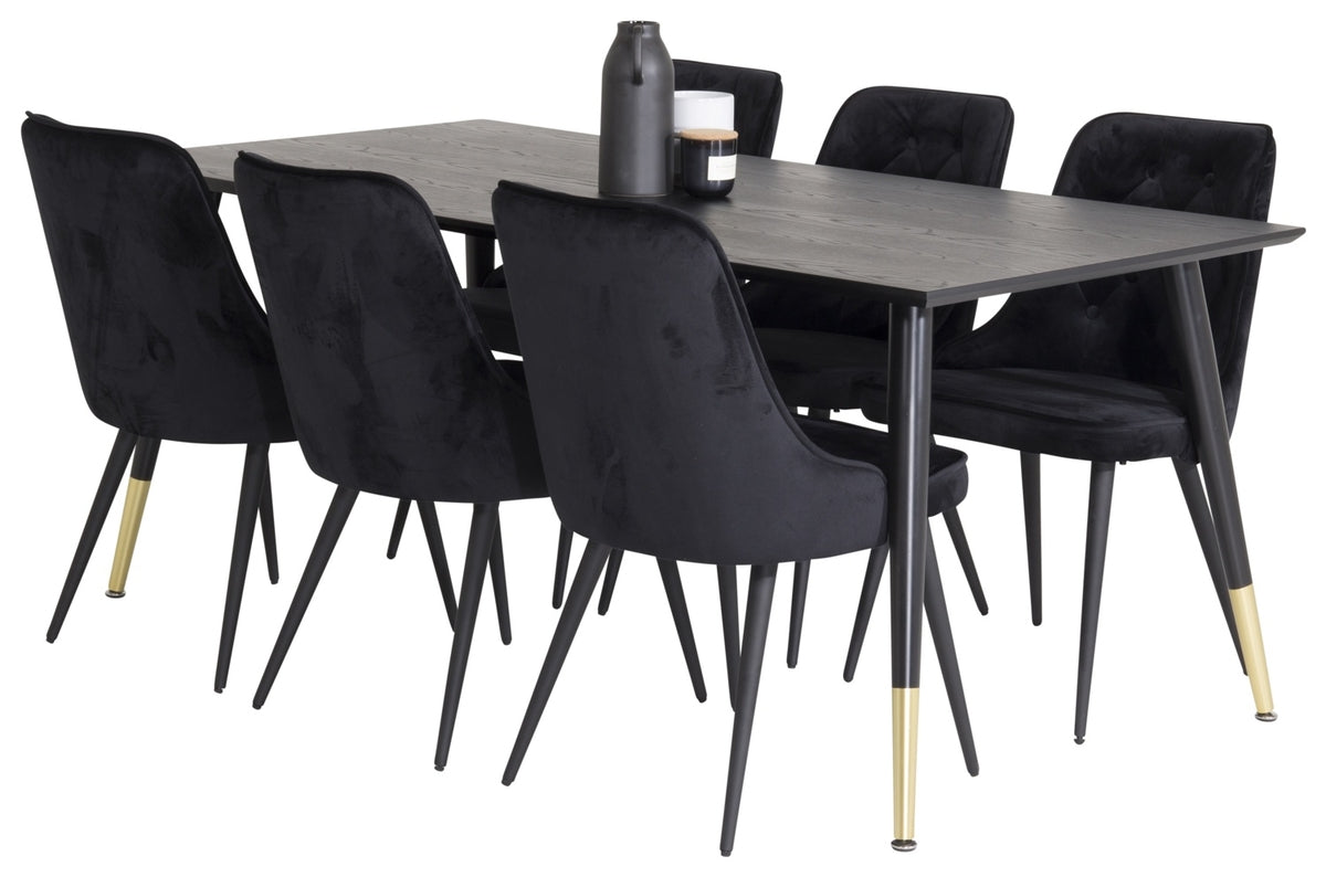 Dipp Spisebord 180 x 90 sort & 6 stk Velvet Deluxe spisebordsstole, sort