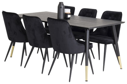 Dipp Spisebord 180 x 90 sort & 6 stk Velvet Deluxe spisebordsstole, sort