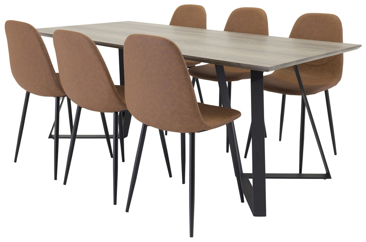Marina Spisebord 180 x 90 Natur & 6 stk Polar Spisebordsstole Brun