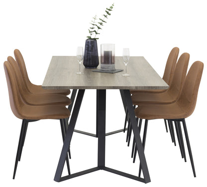 Marina Spisebord 180 x 90 Natur & 6 stk Polar Spisebordsstole Brun