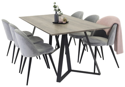 Marina Spisebord 180 x 90 natur & 6 stk Velvet Spisebordsstole Grå
