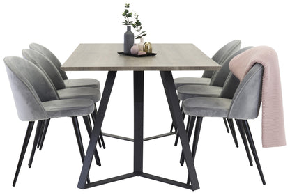 Marina Spisebord 180 x 90 natur & 6 stk Velvet Spisebordsstole Grå
