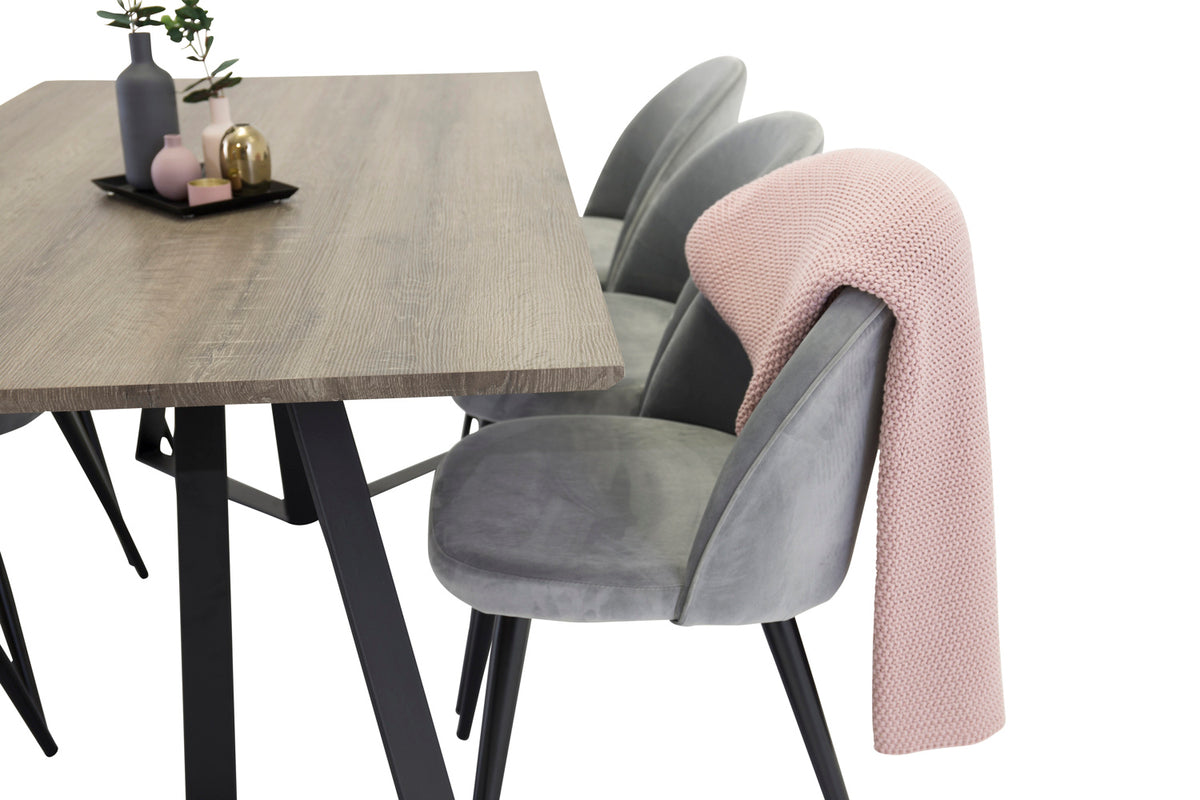 Marina Spisebord 180 x 90 natur & 6 stk Velvet Spisebordsstole Grå