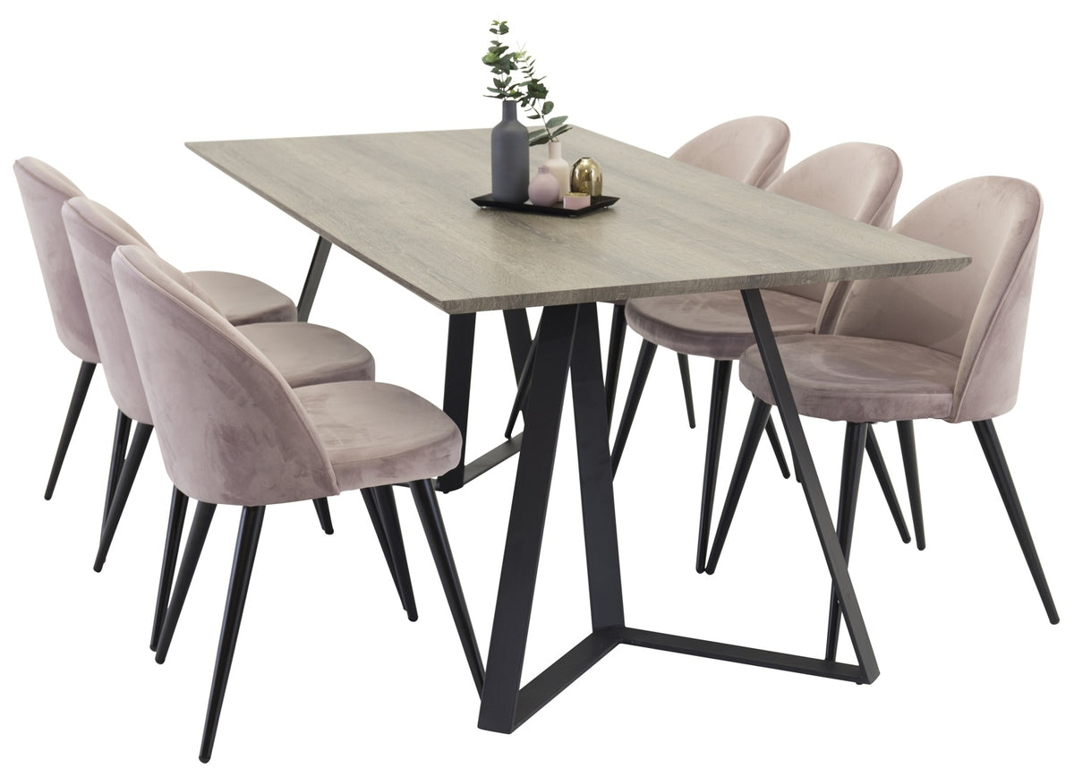 Marina Spisebord 190 x 80 Natur & 6 stk Velvet Spisebordsstole Dusty pink