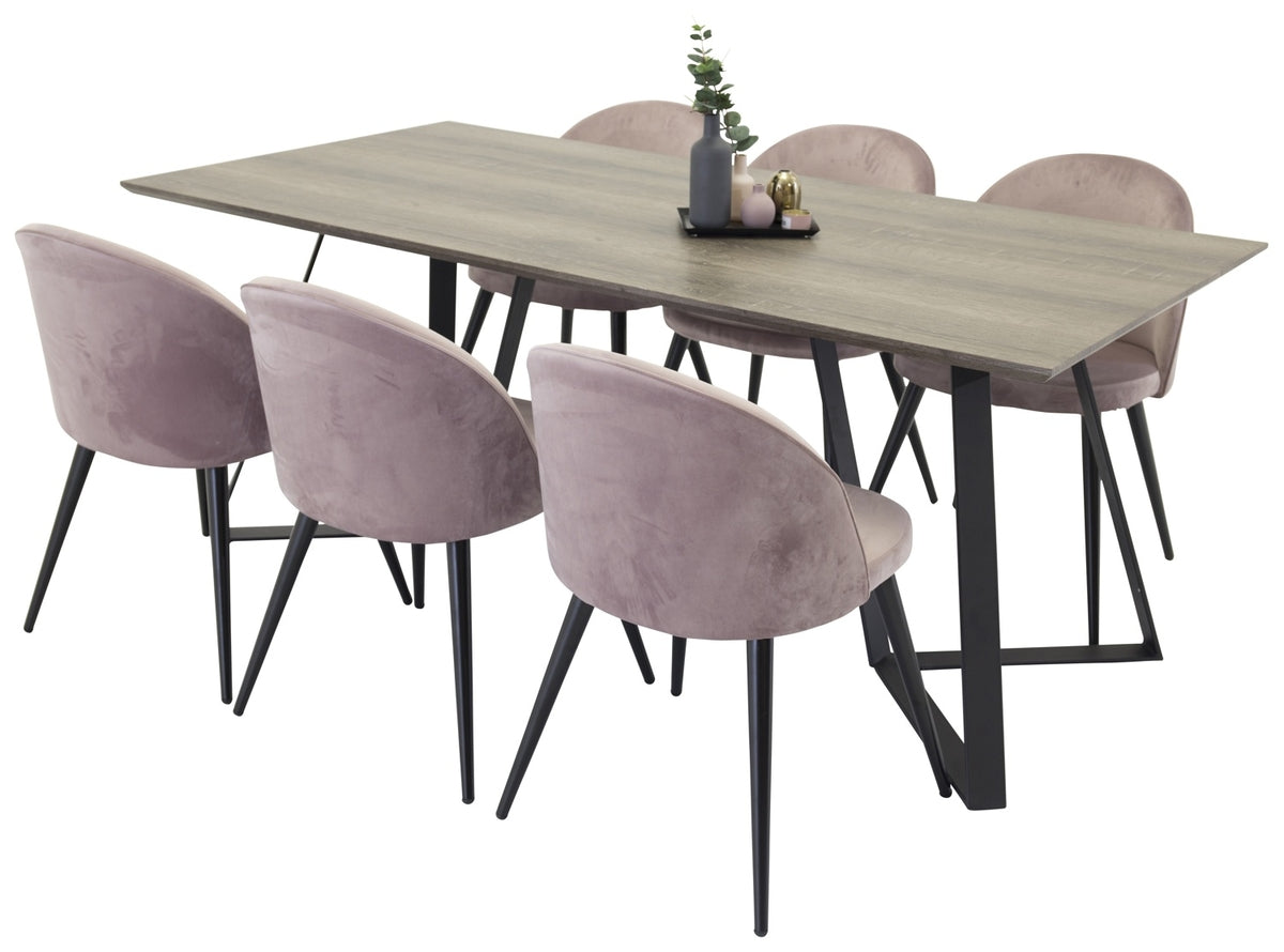 Marina Spisebord 190 x 80 Natur & 6 stk Velvet Spisebordsstole Dusty pink