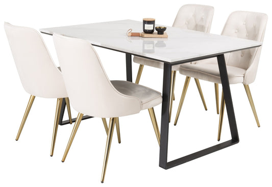 Estelle Spisebord 140 x 90 sort & 4 stk Velvet Deluxe spisebordsstole Beige