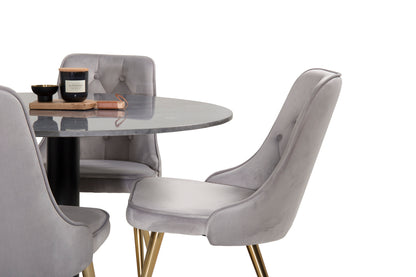 Estelle Rundt spisebord ⌀106 mørkegrå & 4 stk Velvet Deluxe stole Grå