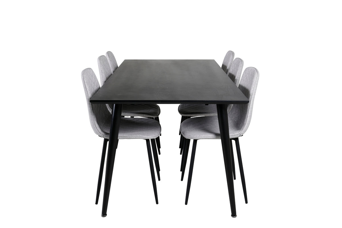 Dipp Spisebord 180 x 90 Sort & 6 stk Polar Spisebordsstole Grå